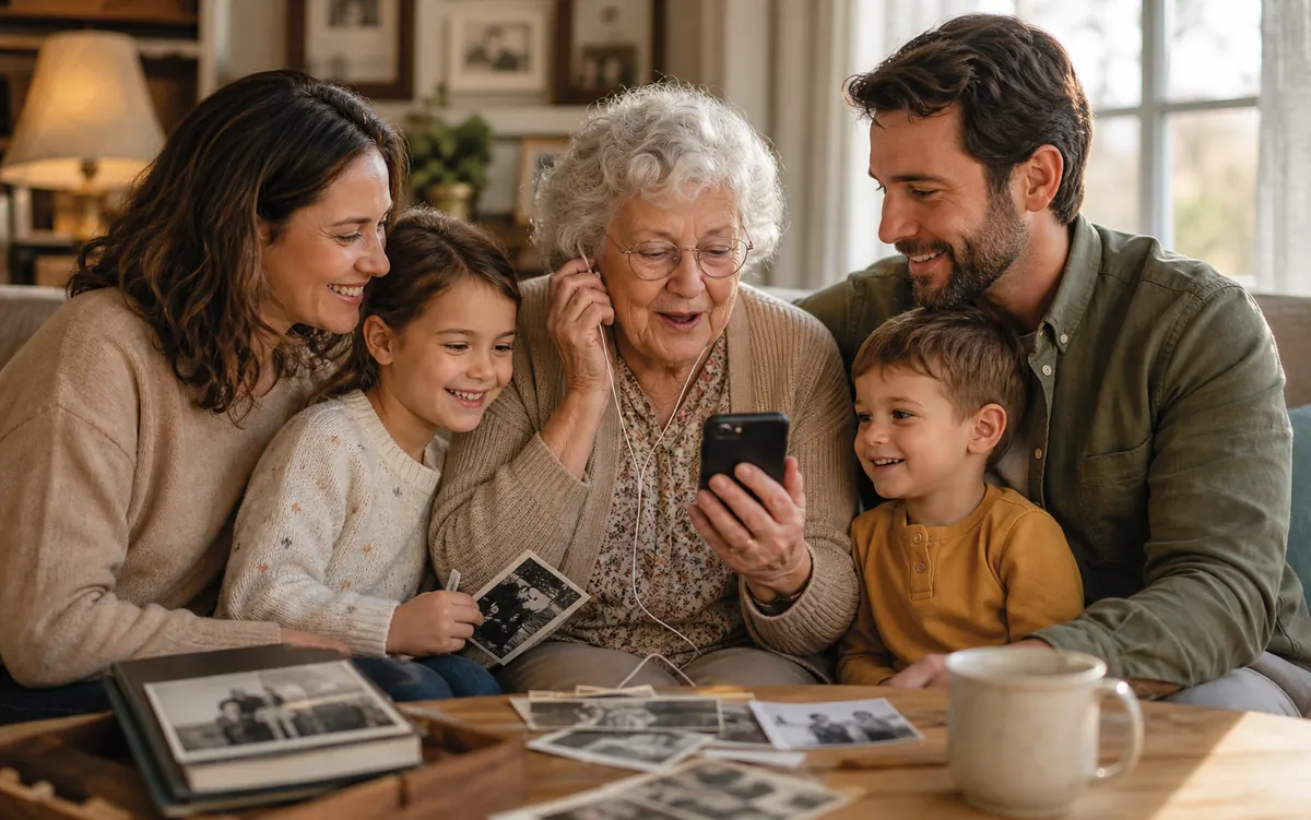 A family listening warmly to a loved one's story.