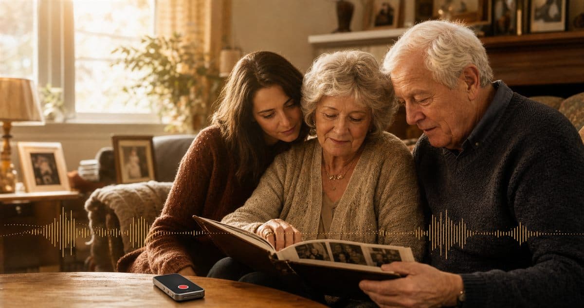 An older couple and adult child looking through a family album beside a simple voice recorder.