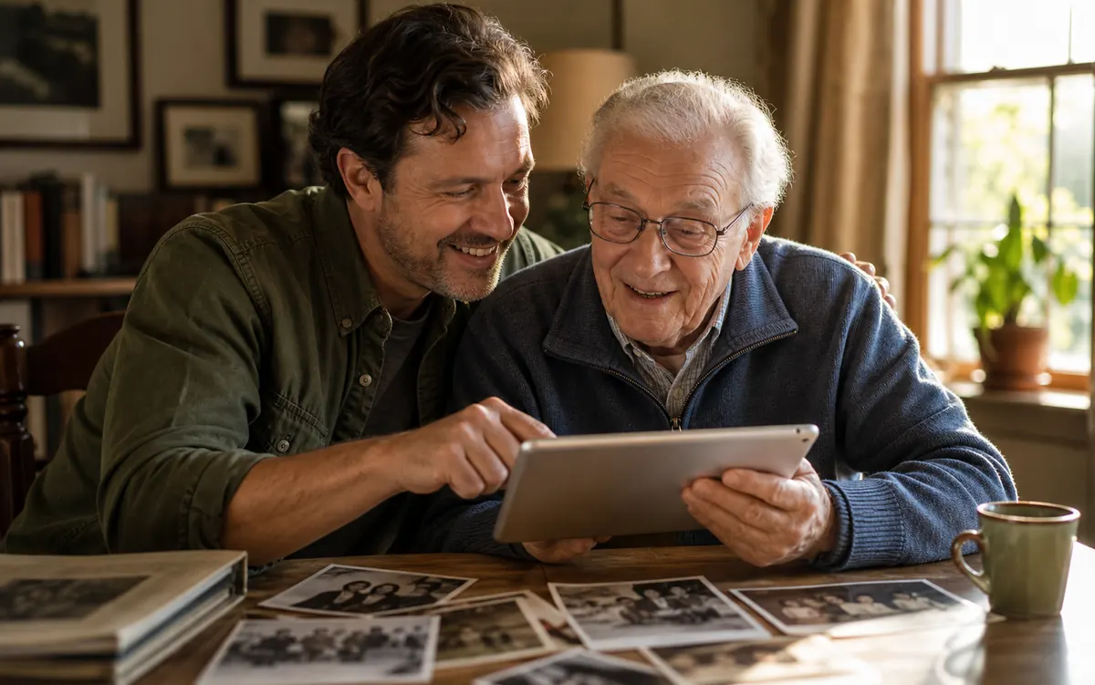 A tablet set up for recording a loved one's memory.