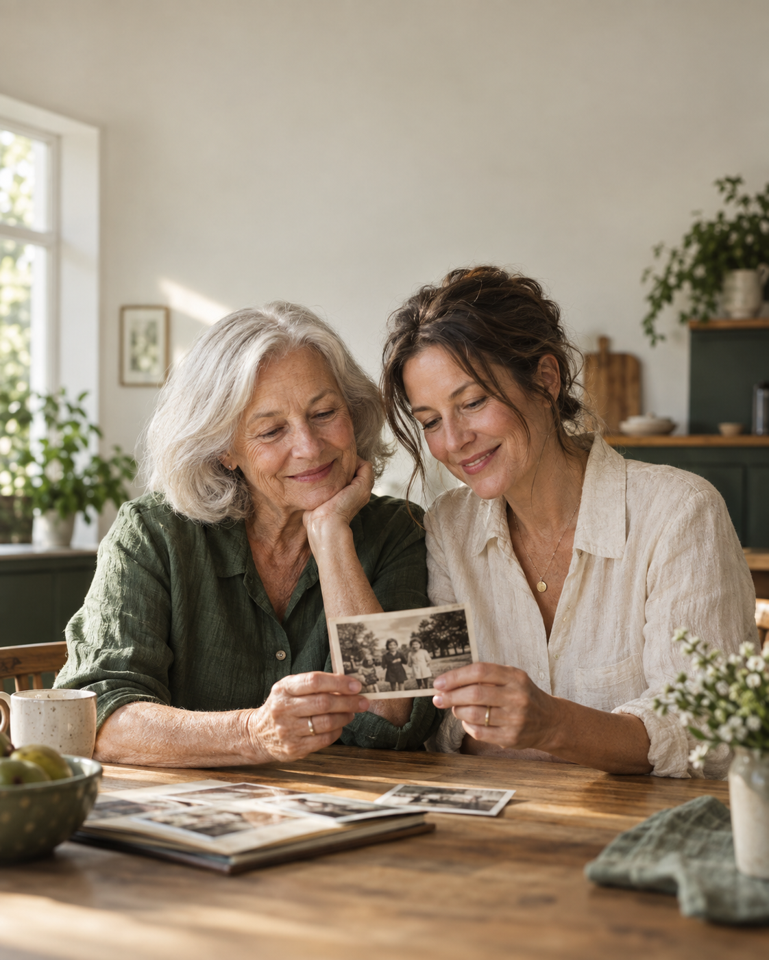 An older mother and adult daughter sharing a family photograph at the kitchen table
